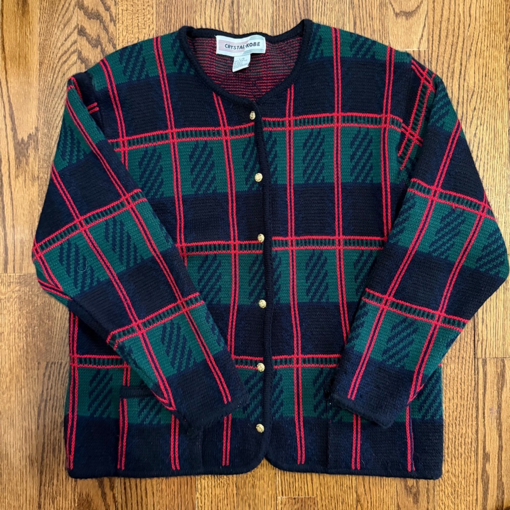 Crystal-Kobe Vintage Black Blue Red Green Plaid Button Down Sweater Size Large